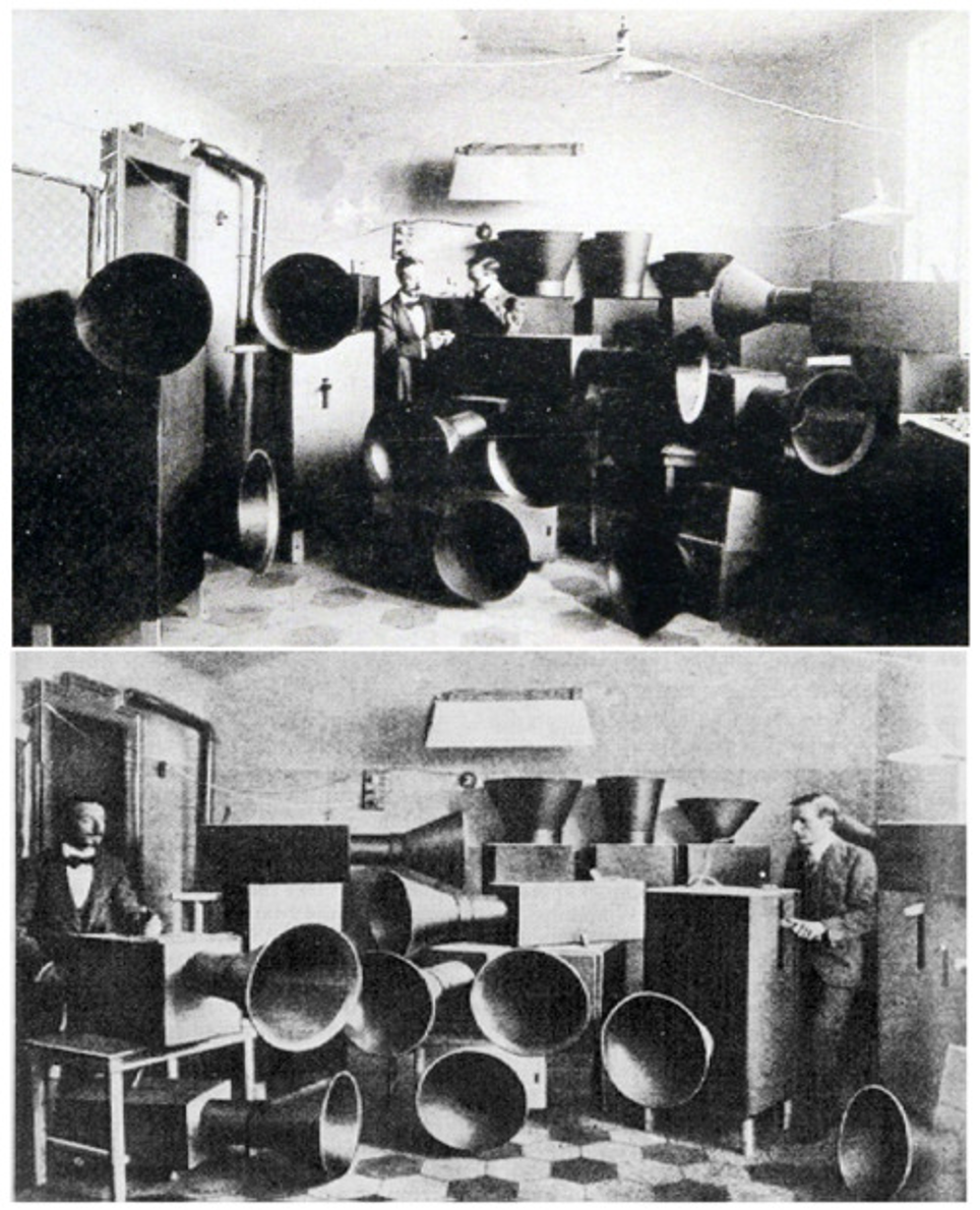 Futurist Luigi Russolo, his assistant Ugo Piatti and the Intonarumori Instruments built by Russolo, photo published in his 1913 book: The Art of Noises 