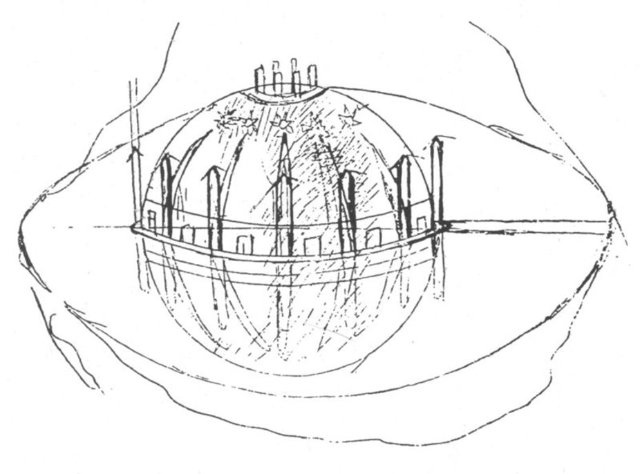 Sketch of the envisioned spherical concert hall for Mysterium by Alexander Nikolajewitsch Skrjabin (1912), published in the almanac Der Blaue Reiter.