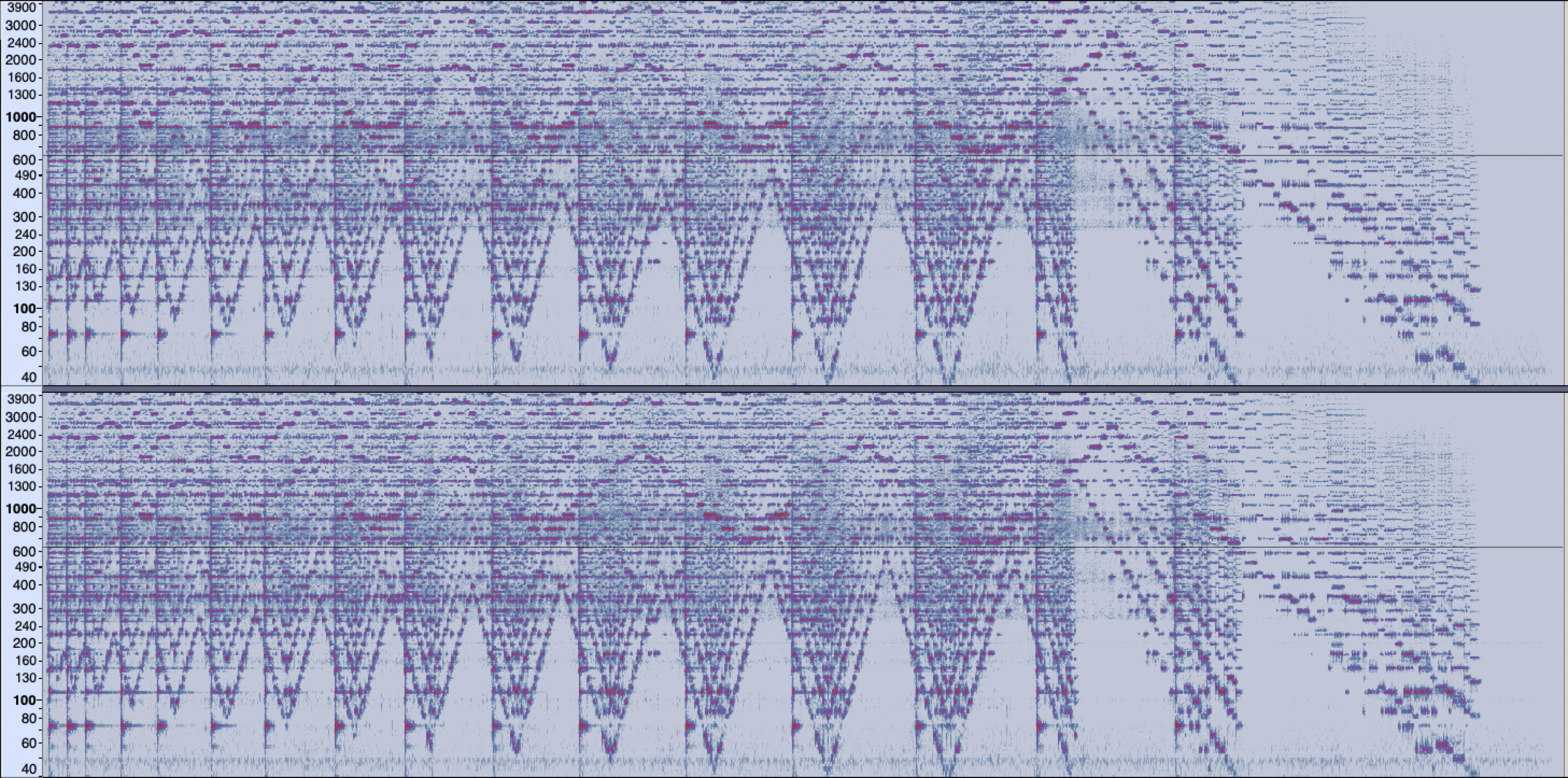 Arvo Pärt: Tabula Rasa. Silentium (stereo recording,
spectrogram created with Audacity). Note that the metaphoric spatial
movement is visualized in the spectrogram's spatial mappings of time
and frequency.