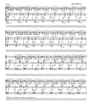 The first page of Morton Feldman’s Patterns in a Chromatic Field. Notice the perfect grid of the score, the musical material works with the visual parameters of the page.