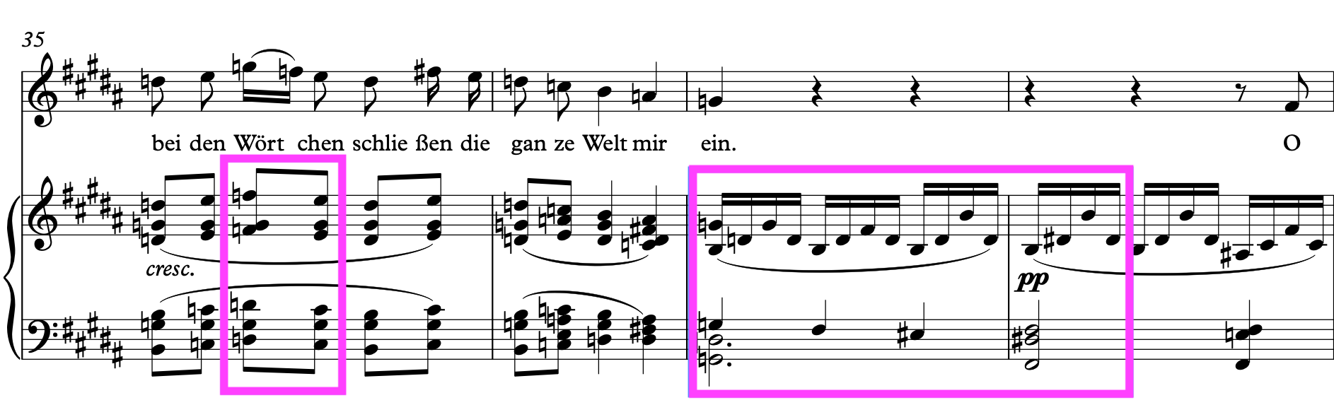 Franz Schubert: Der Neugierige mm.35-46. The first marked area features the second inversion of the secondary dominant seventh chord on G resolving to the subdominant C in the key of G major. The second marked area features the German 6th chord, with the F respelled as E# resolving to the cadential 6-4 chord in B major.